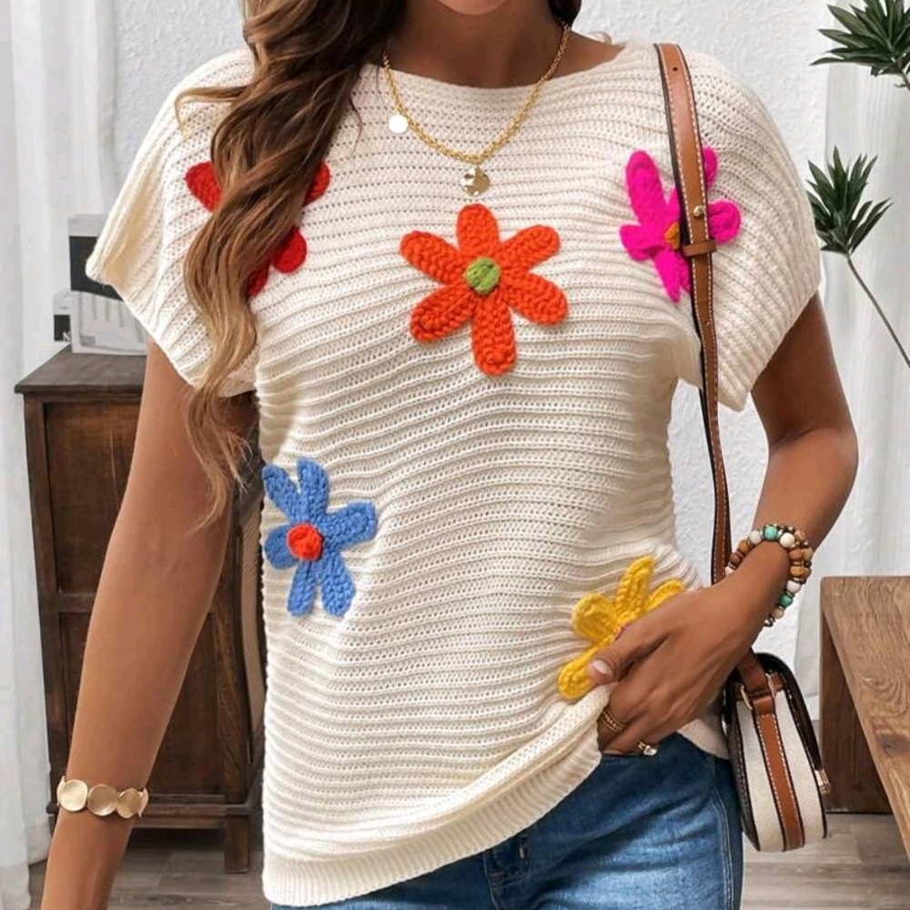Colorful 3D Sweater Floral Casual Summer Top For Women - Picture 3 of 12